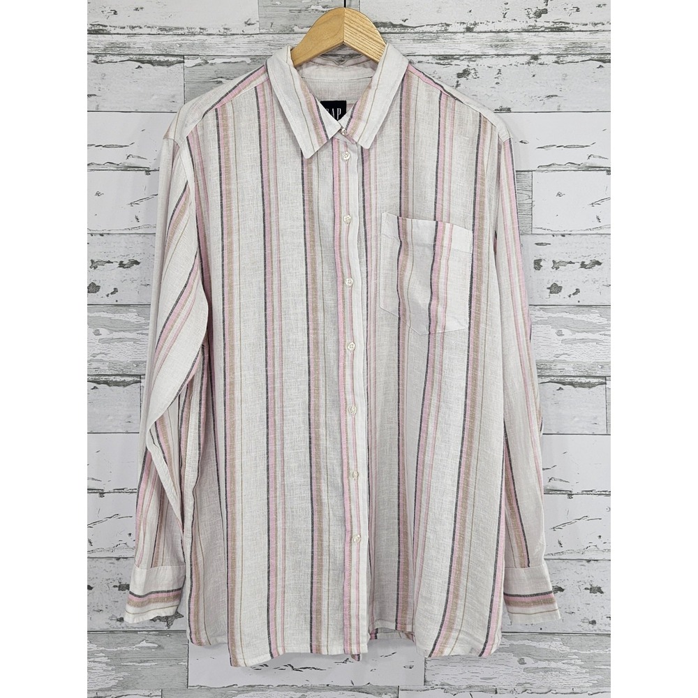 Gap Linen Blend Striped Button up Relaxed Shirt Womens Large